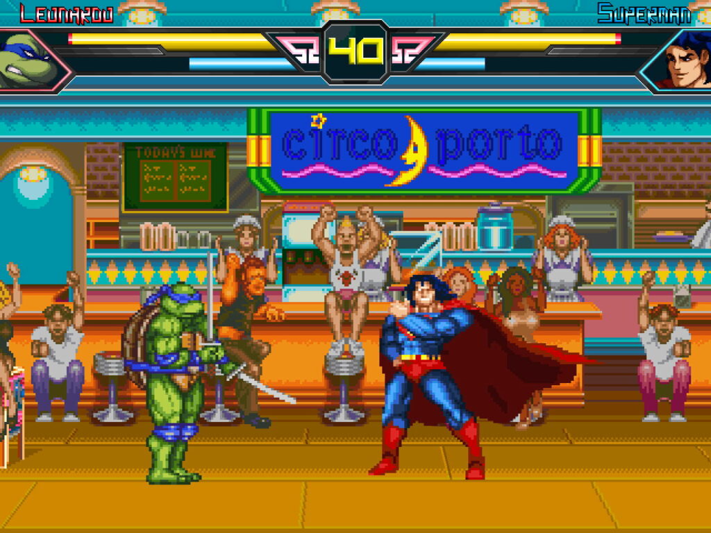 TMNT x JL features characters from both the TMNT and Justice League franchises. Here we see Superman and Leonardo fighting in a diner.