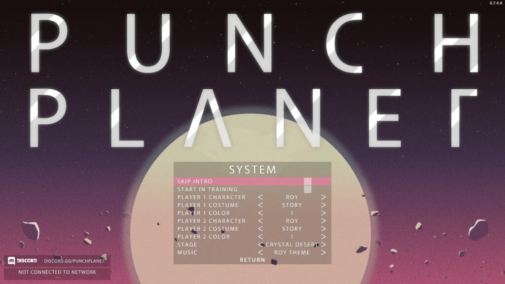 Punch Planet option screen for system settings