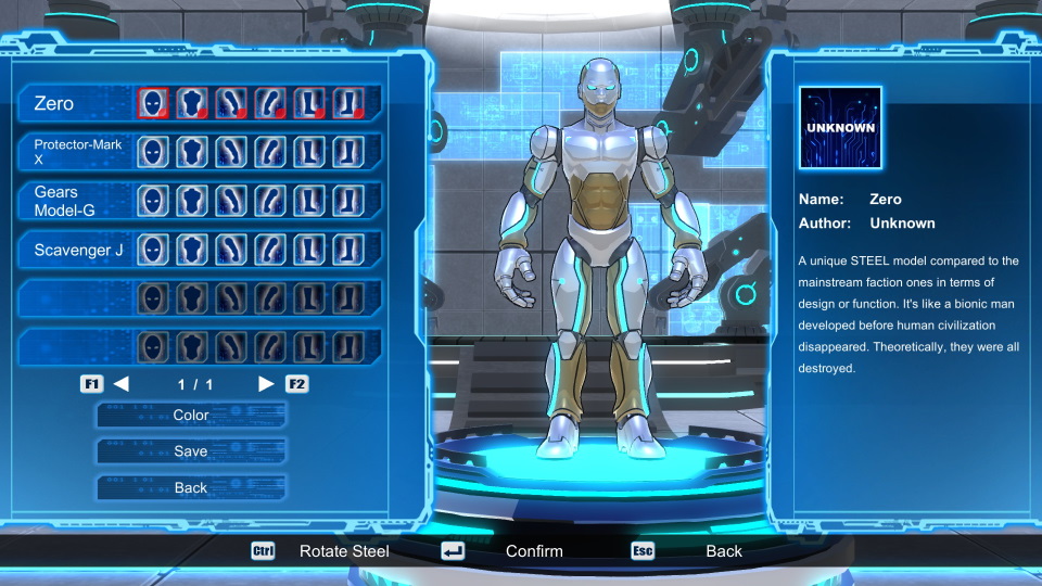 Character customization screen, with several parts to choose from and the default player model, Zero.