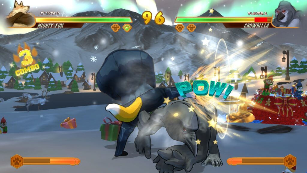 Christmas stage in Fight of Animals, with Mighty Fox in his Agent costume fighting against Crowrilla. Crowrilla is hit by Mighy Fox's combo.