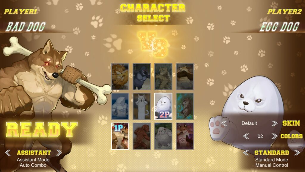 Fight of Animals character selection screen, with Bad Dog on the left and Egg Dog on the right