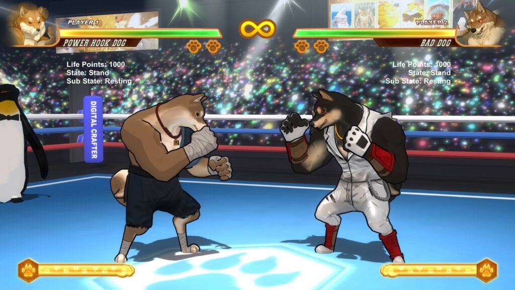 Power Hook Dog (left) dressed as a martial artists faces Bad Dog (right) dressed as Kenshiro from Fist of the North Star on a wrestling ring. There is a giant penguin in the corner.
