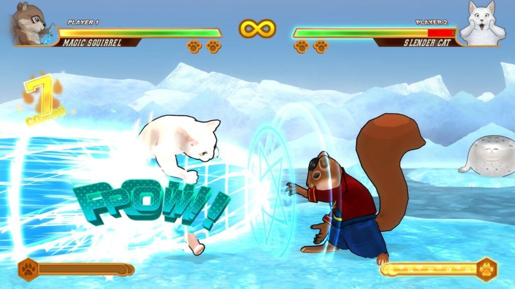 Slender Cat (left) is hit by Magic Squirrel (right) using his super attack in a polar cap stage.
