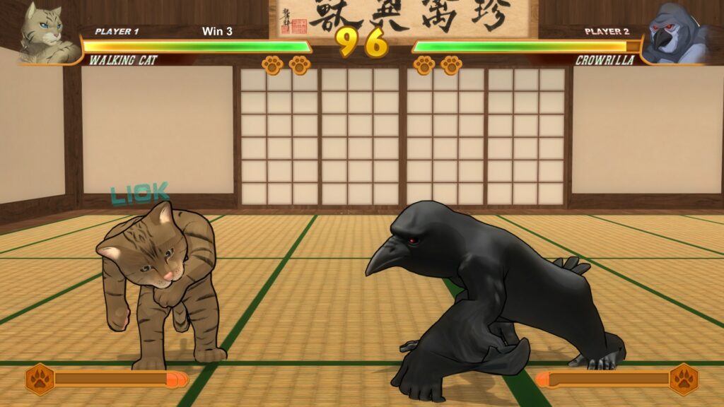 Walking Cat licking his paw (left) thus signaling that he's in his counter attack stance. Crowrilla (right) is walking towards him. The two are fighting in a Japanese dojo.