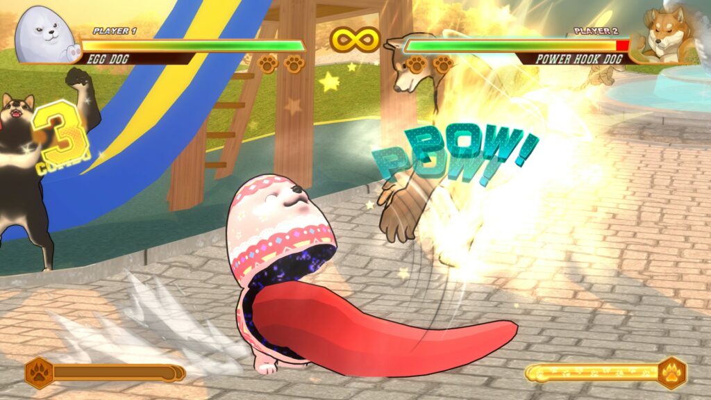 Egg Dog - on the left - opens like an egg and reveals a long tongue-like tentacle for his super, hitting Power Hook Dog, on the right. The two are fighting in the playground stage, with other animals cheering for them.