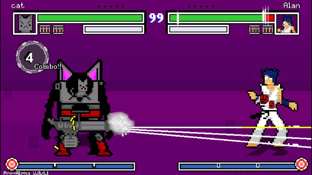Cat, 52Beatup's joke character (left), riding a mech using a minigun against Alan (right) on a totally purple stage.