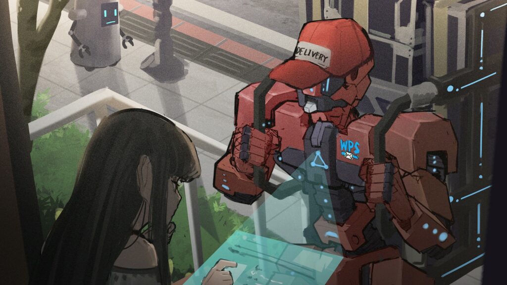 A picture from Fight of Steel's story mode showing a robot delivery service bringing a package to a human woman,