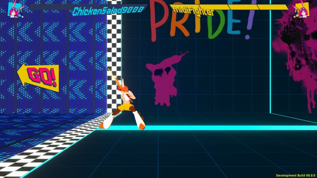 On the left side of the picture, a checkered band and a "GO!" arrow indicator. On the right side of the picture, a character is waiting to cross the line. The stage is a grid with various graffiti, including a PRIDE! flag