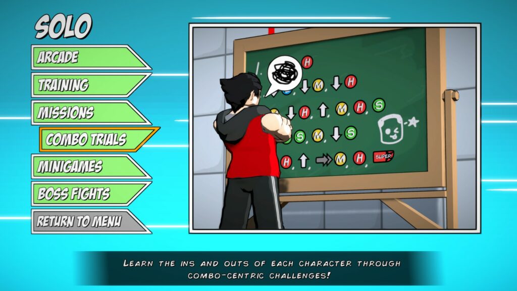 Menu of the solo mode of Duels of Fortune. A list of modes is on the left (Arcade, Training, Missions, Combo Trials, Minigames, Boss Fights, Return to Menu). On the right, a picture of the character Red standing in front of a blackboard with the notation of a combo written down.
