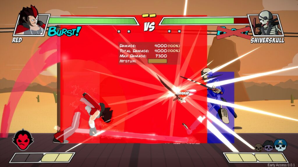 Scene from training mode showing the life bars at the top and the super meter at the bottom. The character Red is on the left side of the screen, using a super move against Shiverskull, the character on the right. Both characters are enveloped in colored hit- and hirtboxes. The stage is a moving train in the desert