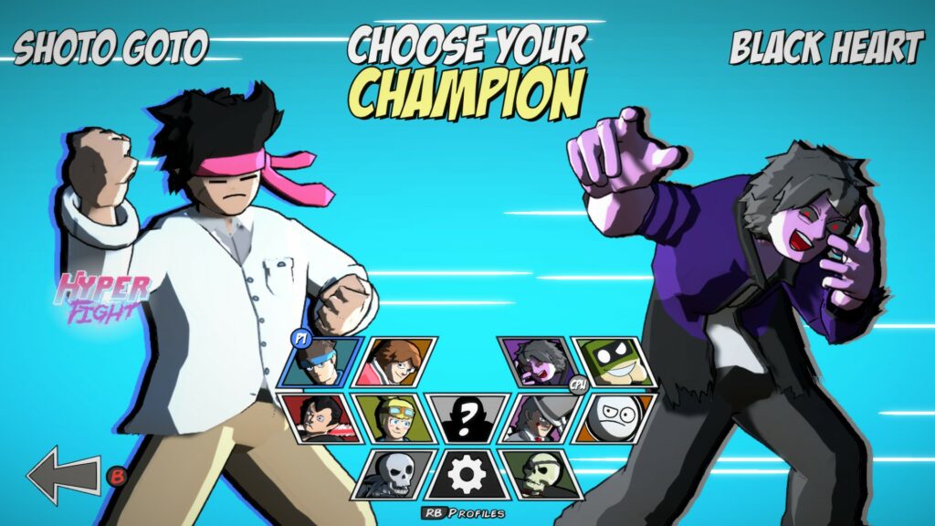 Duels of Fortune's character selection screen, showing the character Shoto Goto on the left and the character Black Heart on the right. There is a grid with ten character slots, an option slot and the random selection button.