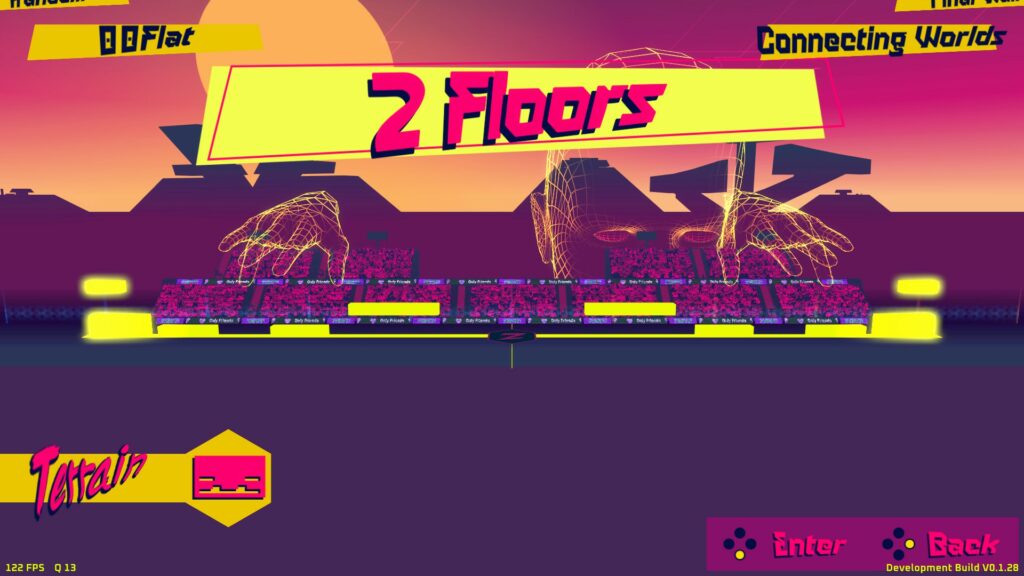 Stage selection screen in Resistance 204X. The platform layout is shown as a glowing yellow set of rectangles and a virtual background behind. The selected terrain is 2 "FLOORS"