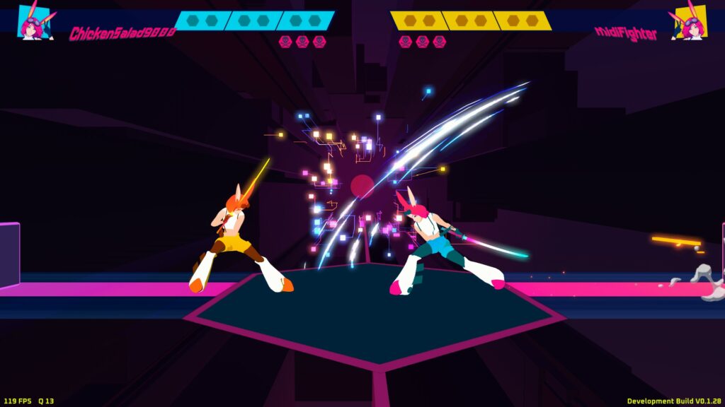 Two characters in the digital landscape. The character on the left is blocking, the character on the right is attacking with a sword slash