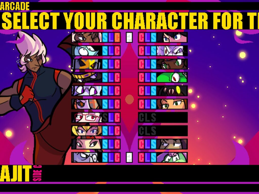 Battle Craze!!'s character selection screen showing the characters split into two columns. Each character portrait has an S, L and C marker near them.