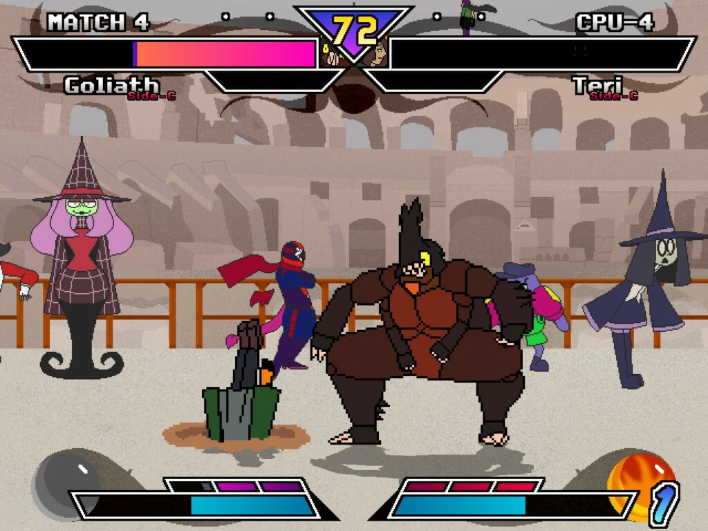 A screenshot from Battle Craze!!. The character on the right - a giant beetle called Goliath - has shoved Teri, the character on the left, into the ground after a K.O. Teri's lifebar is empty.