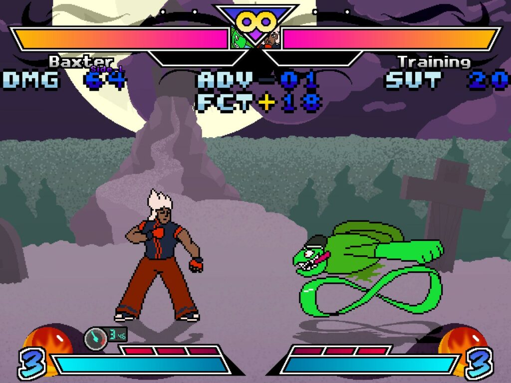 A screenshot from training mode. The character Baxter runs in place with his legs bent in an "infinity" shape. There is a small speedometer near the bottom of the screen, increasing as Baxter runs faster.