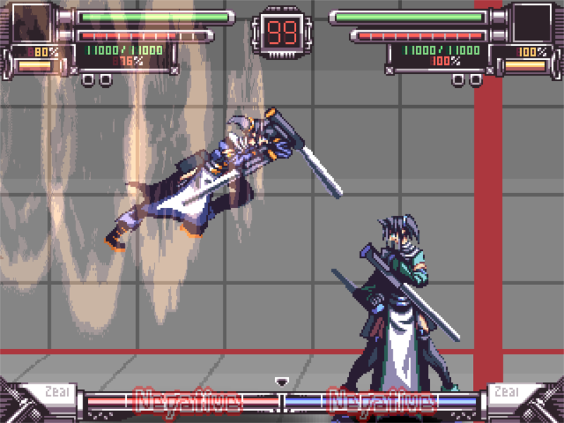 A character using an air dash against another character in a training stage.