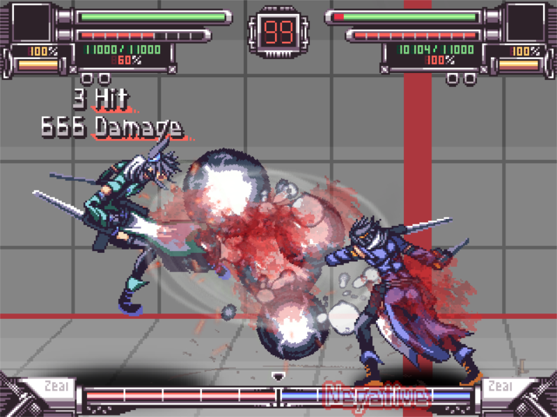 A character in Shuzen using a super move against their opponent. There is a counter marking 3 hits and 666 damage.