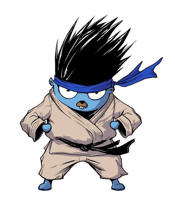 The picture shows the IKEMEN Kung Fu Gopher, a potential mascot for the engine. It's a blue gopher with a blue headband, wearing a karate gi, similar to MUGEN mascot Kung Fu Man.
