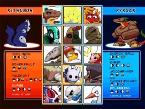 Character selection screen of Battle Capacity, showing Kitsunoh and Pyroak, together with the list of moves.