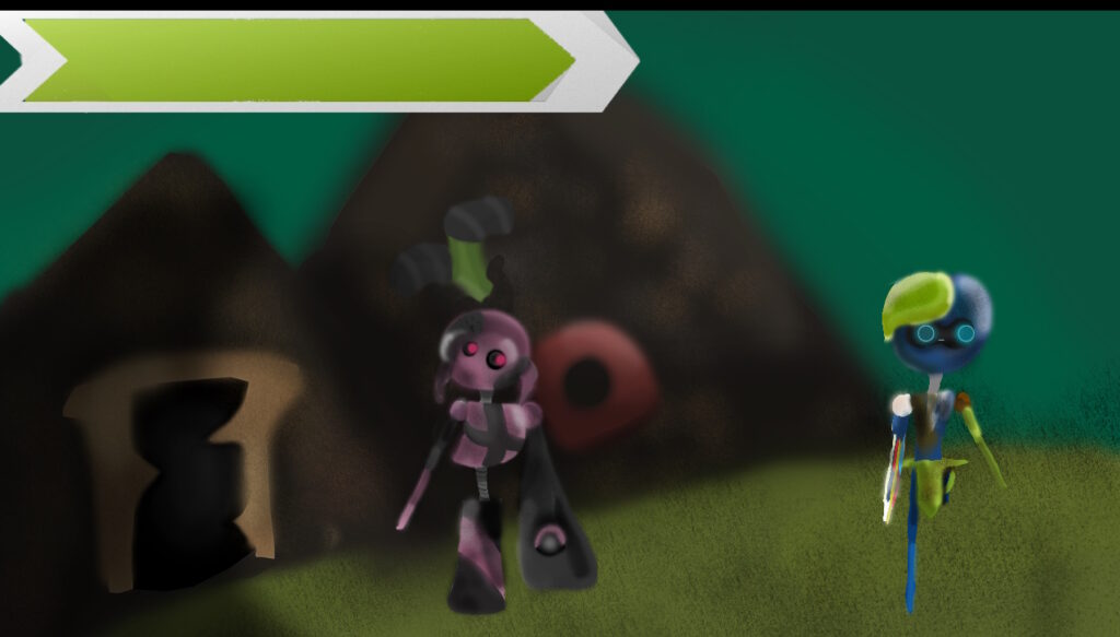 A picture from the original version of Robot Heroes showing two robots in a grassy field with one green lifebar above.