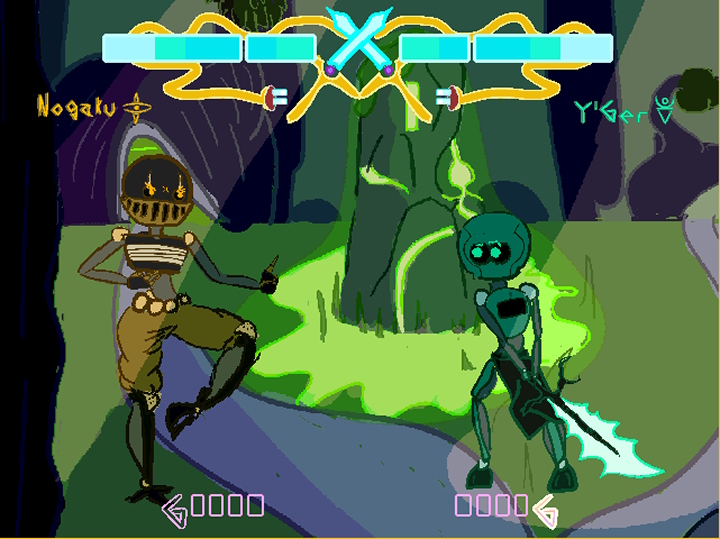 Early screenshot of Robot Heroes, with Kikamen and Yaeger in a forest.