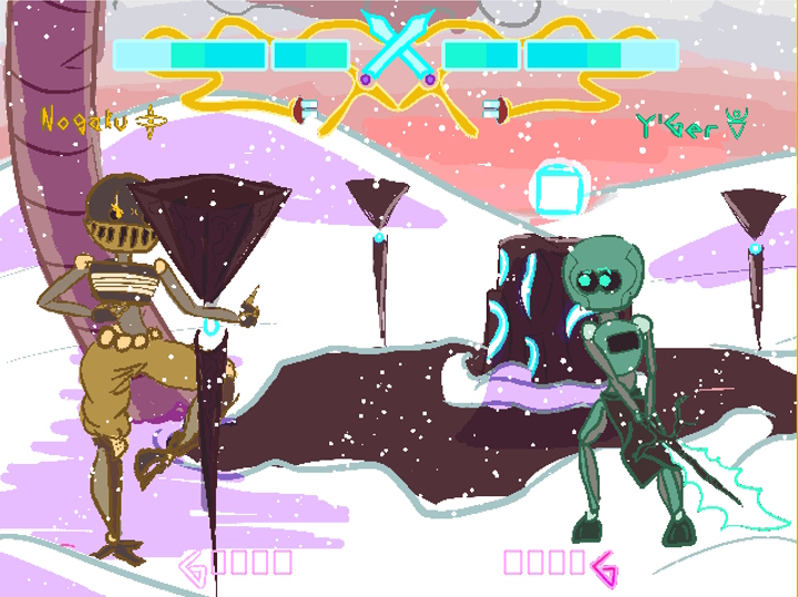 Early screenshot, with Kikamen and Yaeger in a snowy landscape