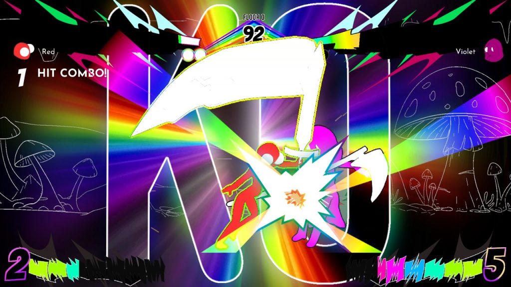A KO sequence in Rainbowcore Hypernova, featuring Red and Violen. Violet has been hit for a KO, with a prismatic rainbow of colors in the background and massive flashes.