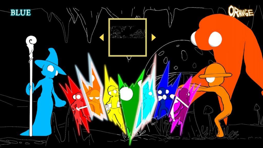 The character selection screen of Rainbowcore Hypernova. Blue is selected to the left, Orange to the right. There's a square for stage selection in the middle. Characters are arranged from left to right as Red, Orange, Yellow, Green, Blue, Indigo and Violet.